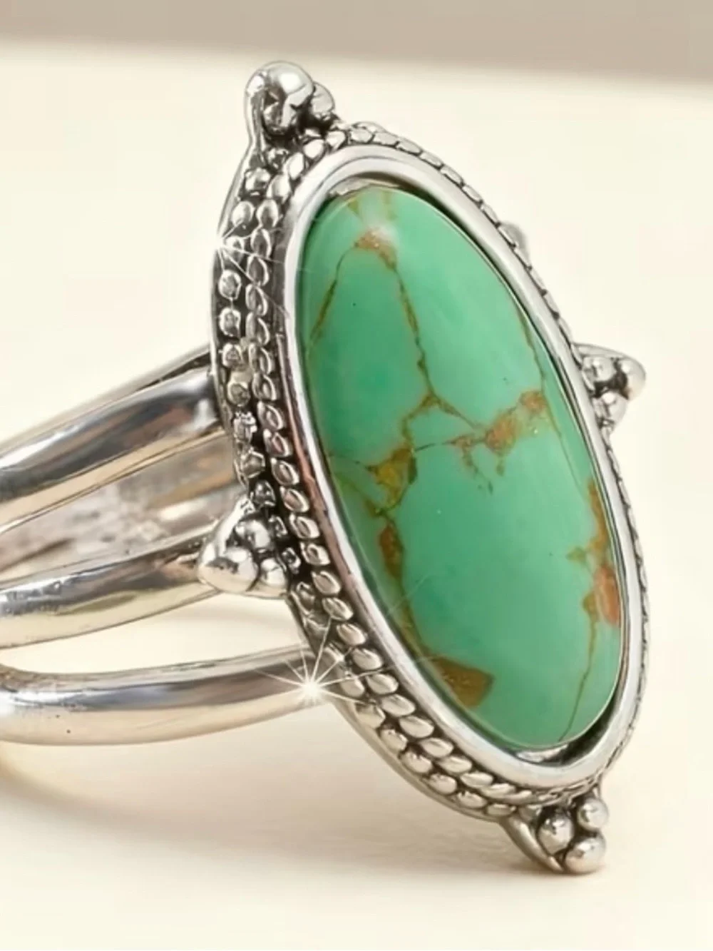 Turquoise Oval Stone Silver Ring - Green Turquoise Statement Ring